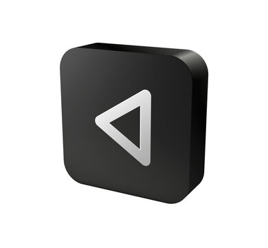 Left pointing white triangle on black rounded square 3D button, previous track rewind media control icon isolated