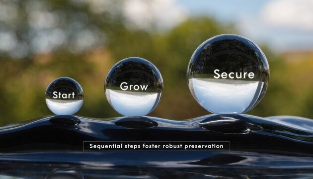 Three graduated crystal spheres on a glossy black undulating base featuring the words Start, Grow, and Secure, illustrating a sequential business growth concept in nature.