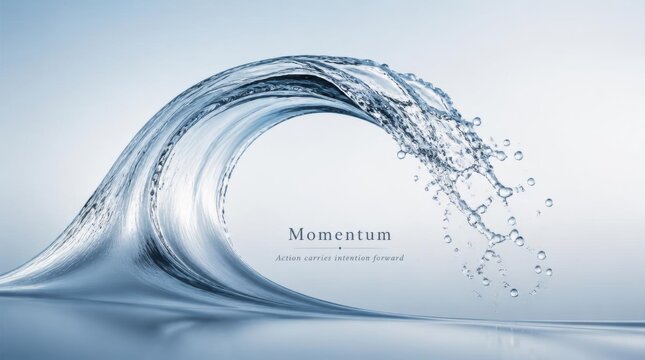 A single, perfectly sculpted water wave cresting with a spray of droplets and ripples, featuring the word Momentum and a motivational quote on a clean, light blue studio background.