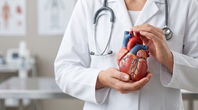 Doctor with stethoscope holding heart anatomy model, representing cardiology, patient care, heart disease, and medical education