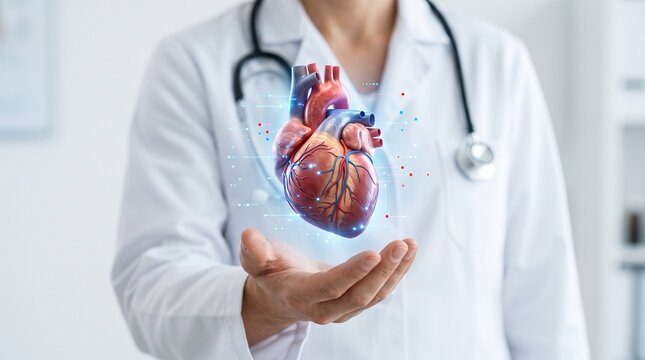 Cardiologist presenting a human heart model, representing diagnosis, treatment, healthcare education, and cardiac disease prevention