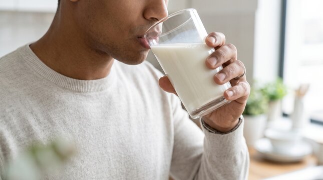 Woman drinking a glass of milk at home, symbolizing nutrition, calcium intake, healthy habits, wellness, and balanced lifestyle