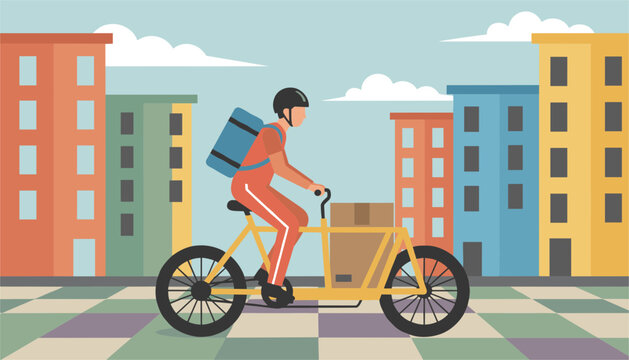 Courier delivery rider wearing a helmet cycles on a cargo bike carrying a large package through a vibrant urban city street scene.