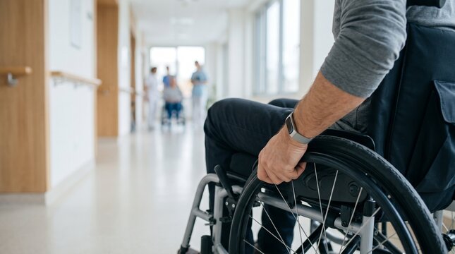 Wheelchair user holding the wheel in a medical setting, symbolizing independence, recovery, accessibility, and patient care