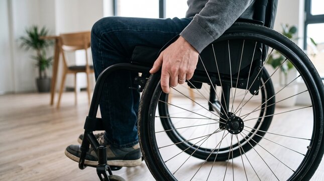 Person seated in a wheelchair indoors, representing disability support, rehabilitation, inclusive care, and everyday mobility
