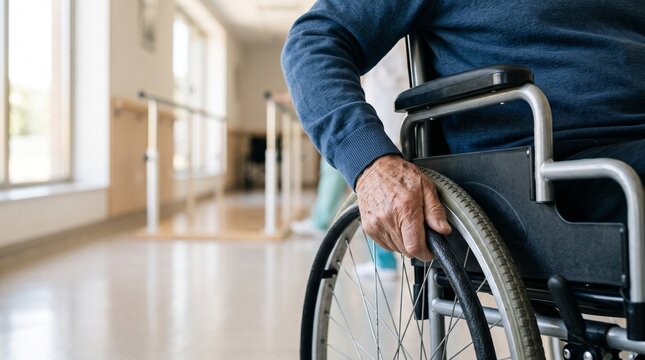 Elderly wheelchair user in a bright hallway, symbolizing accessibility, aging, healthcare, independence, and mobility assistance