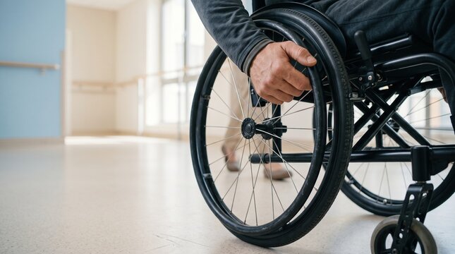 Senior person using a wheelchair indoors, symbolizing mobility support, disability care, accessibility, independence, and healthcare