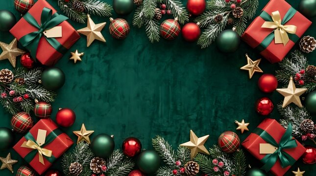 Christmas gift boxes and ornaments on a dark green background