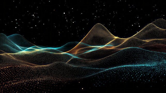 Falling dotted wavy lines abstract space surface on black background, topographic landscape pattern, futuristic scientific data visualization concept, dynamic 3d abstract illustration