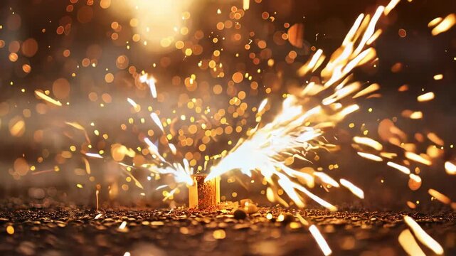 Golden sparks bursting from sparklers against dark background, festive fireworks celebration, glittering new year party, magical holiday spirit, luxury event.