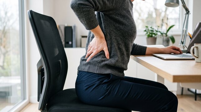 Worker experiencing lower back pain at desk, symbolizing sedentary lifestyle, muscle tension, spinal stress, and occupational health