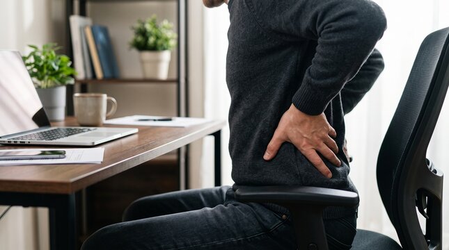 Seated employee suffering lower back pain at office desk, representing muscle strain, sedentary work, discomfort, and ergonomic risk