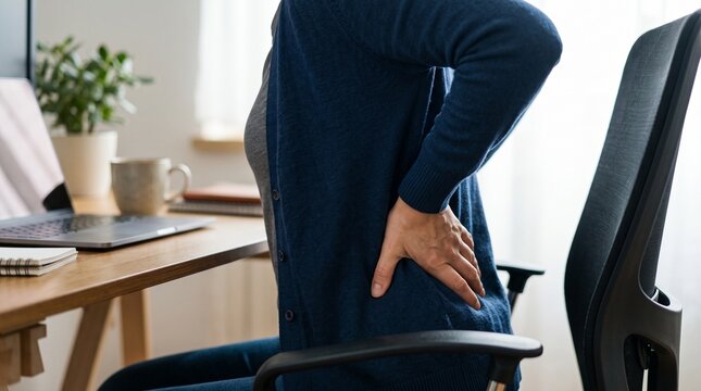 Office worker holding lower back in pain while seated at a desk, symbolizing backache, poor posture, fatigue, and workplace health