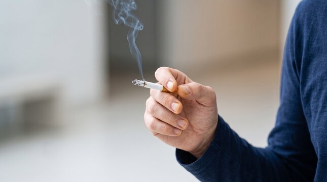 Hand with lit cigarette and rising smoke, symbolizing tobacco addiction, smoking habit, nicotine use, and respiratory health dange