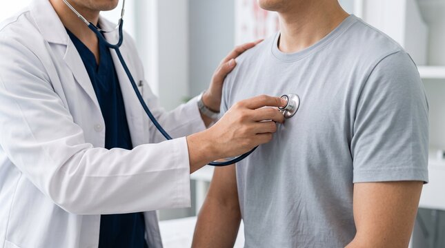 Medical doctor performing chest examination, symbolizing preventive healthcare, wellness checkup, diagnosis, and patient care.