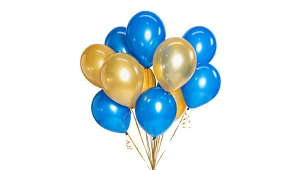 Festive bundle of shiny blue and gold helium balloons isolated on transparent background © Griffin