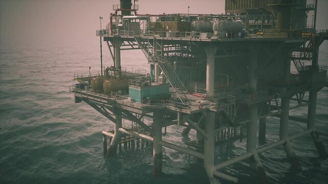An oil rig stands prominently above the ocean, equipped with numerous large tanks and piping. The structure is operational, illustrating the ongoing extraction of resources from the sea.