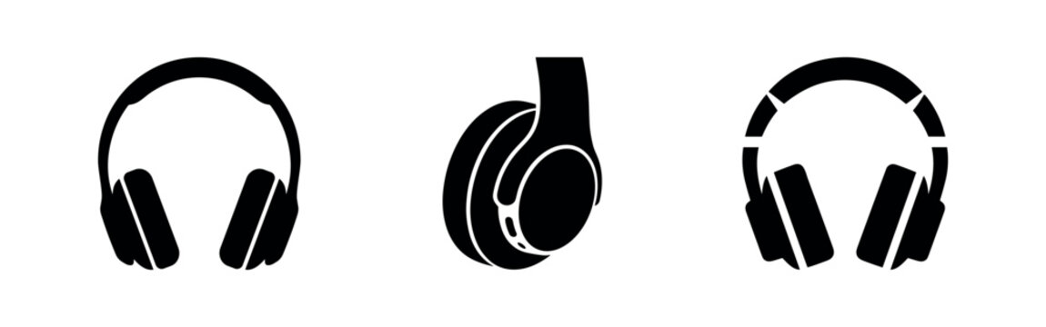Three silhouette icons of headphones: front view, side view, angled view