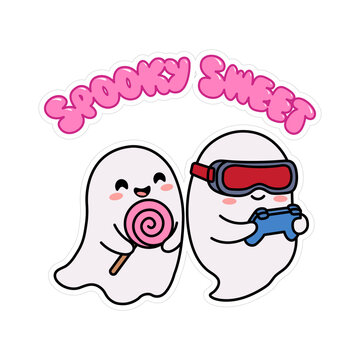Cute cartoon ghosts, one holding a pink lollipop and the other wearing vr goggles and playing video games