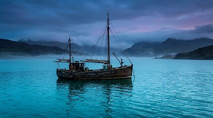Naklejka premium Traditional fishing vessel on misty turquoise water at dawn.