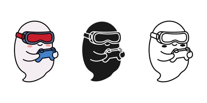 Set of cute ghost characters wearing vr goggles and playing video games, vector illustration