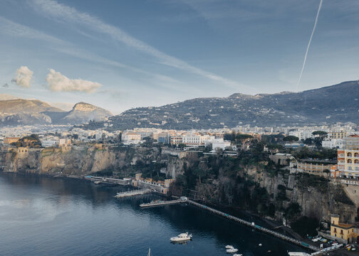 Aerial view into land of the coastal Cityscape of Sorrento on the Sorrentine Peninsula, Campania, Italy