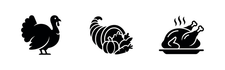 Obraz premium Thanksgiving icons: turkey, cornucopia, and roasted chicken
