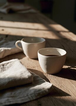 Two white cups on a wooden table. the cups are empty and appear to be made of ceramic or porcelain. they are placed side by side, with one cup on the left and the other on the right.