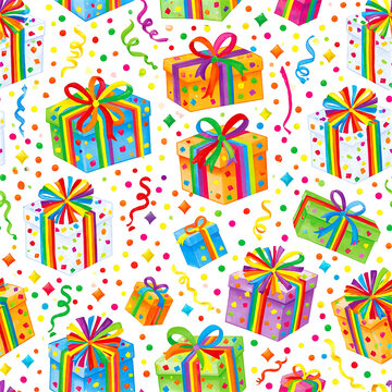 Tileable pattern with bright birthday parcels in a colorful design