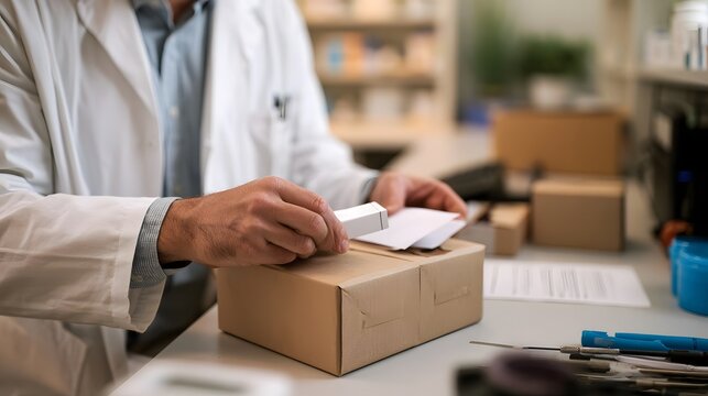A person in a white lab coat carefully places a small white box into a brown cardboard package on a work surface