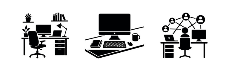 Fototapeta premium Home office icons: desk setup, computer, network connection