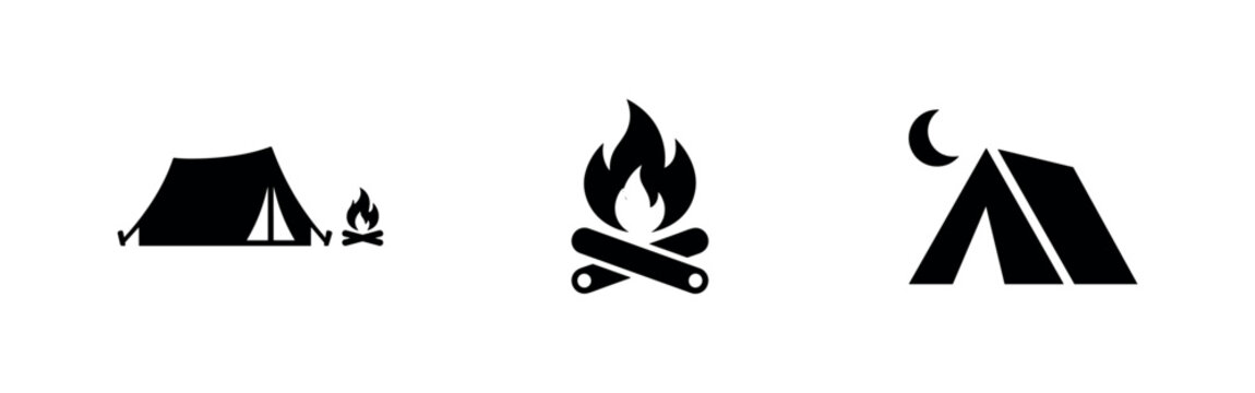 Camping icons: tent, campfire, night tent