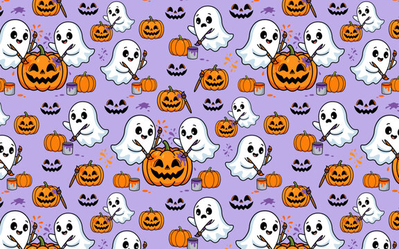 Seamless pattern with cute cartoon ghosts painting orange jackolantern pumpkins on a light purple background for halloween