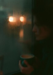 Obraz premium Close-up of a person's face, holding a cup of coffee in their hand. the person is standing in front of a window, and the background is blurred, but it appears to be a cityscape at night.
