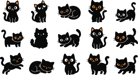 Obraz premium Cute Black Cat Cartoon Set with Different Poses and Funny Expressions