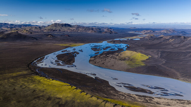 Aerial view of Tungnaa river flowing through the volcanic landscape of Skaftarhreppur, Iceland.