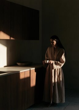Young woman standing in a modern kitchen. she is wearing a long beige robe and is holding a white cup in her hands. the kitchen has wooden cabinets and a white countertop.