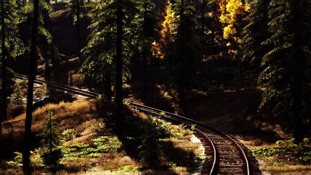 Winding train tracks curve through a peaceful forest filled with vibrant autumn foliage. Sunlight filters through the trees, creating a warm and inviting atmosphere.