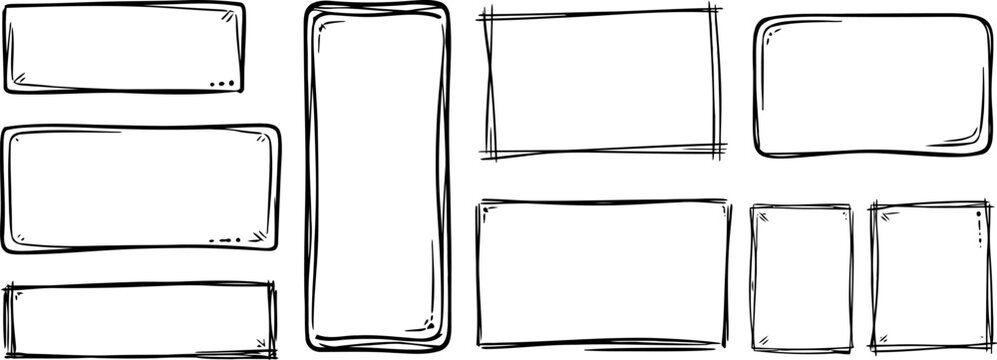 Hand-drawn sketch rectangular frame vector set, featuring various rough border lines and text box elements.