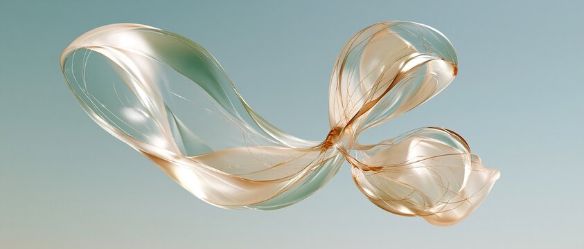 Abstract translucent structure with soft flowing forms and golden threads against pale blue background