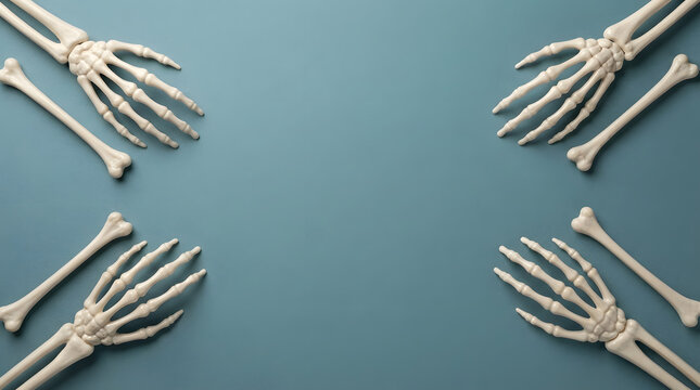 Human skeleton hands reaching upward on vibrant teal background for medical or anatomical design