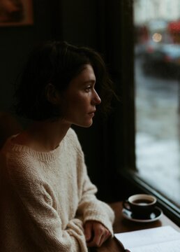 Young woman sitting at a table in front of a window. she is wearing a white sweater and has shoulder-length dark hair. the woman is looking out the window with a contemplative expression on her face.