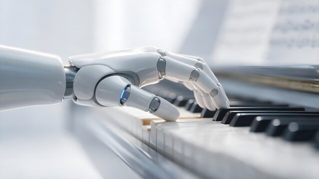Robotic white hand playing a melody on classic piano keys captures the intersection of advanced artificial intelligence technology and beautiful artistic human musical expression today