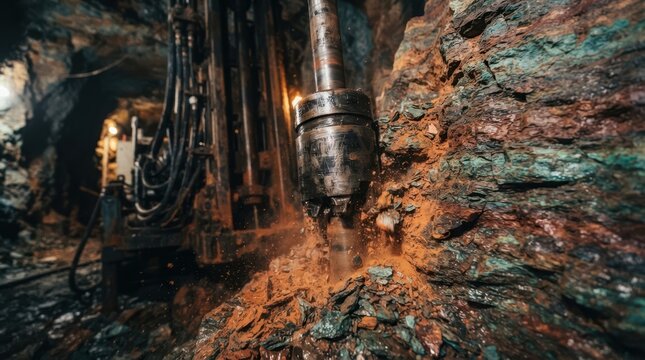 Drill collar cutting into layered copper ore with rock fragments, orange dust, and a heavy steel mast at a mining site.