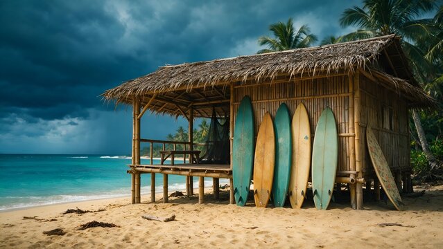 Colorful vintage surfboards leaning against rustic bamboo hut on pristine tropical sandy beach under dramatic dark storm clouds before rain arrives in sunny exotic island