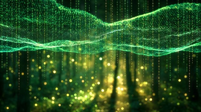 Green digital wave with falling binary code particles and blurred bokeh background