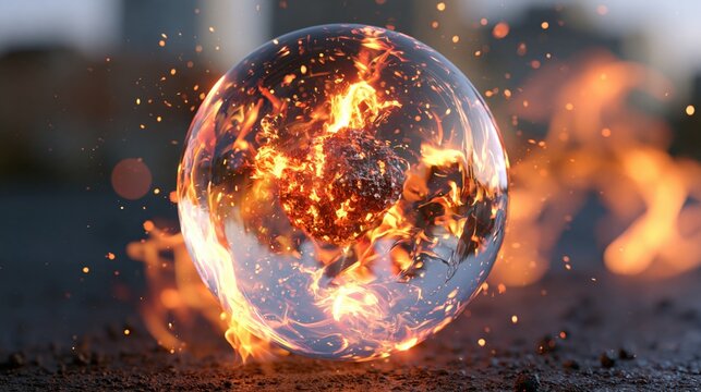 A transparent sphere encasing intense flames and glowing embers rests on dark, textured ground with swirling fire elements.