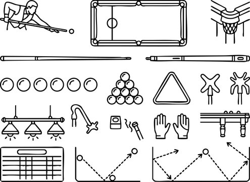 Billiards and pool game vector outline icons set with table cues balls and equipment