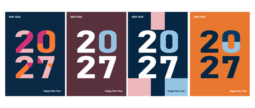 A collection of four stylish 2027 New Year poster designs featuring modern typography and vibrant color palettes.