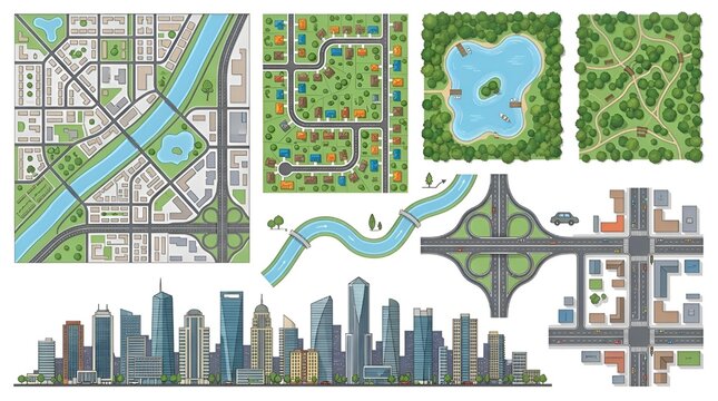 Top down illustrated city maps urban layouts skyline parks river roads planning photo